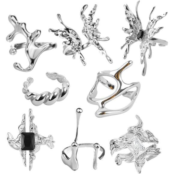 8 Pcs Vintage Silver Rings Sets Y2k Goth Coquette Grunge Chunky Stacking Rings - Picture 1 of 8